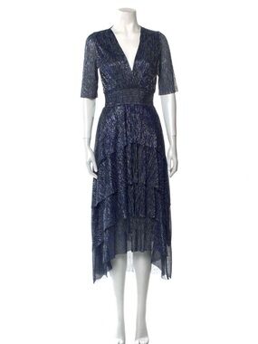 Maje Metallic Ruffled Midi Dress Navy Size S